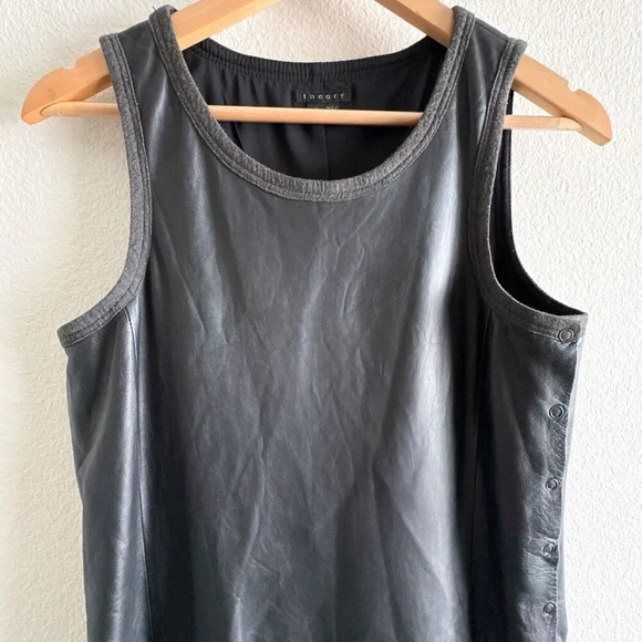 THEORY Nidan C Black Lambskin Leather Sleeveless Drop Waist Dress Size 8 - Picture 8 of 16